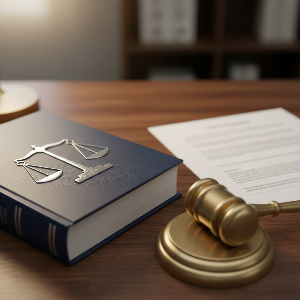 A close-up, photographic realism scene of a thick, navy-blue legal reference book with a metallic silver scales-of-justice emblem embossed on its cover, resting on a dark walnut desk. Beside it is a polished brass judge’s gavel lying diagonally, and a neatly aligned stack of cream-colored legal documents with visible but unreadable text lines. Warm, soft desk-lamp lighting from the left creates a cozy, trustworthy glow, casting gentle shadows and subtle reflections on the gavel’s surface. Shallow depth of field keeps the emblem and gavel in sharp focus while the background fades into a soft blur, evoking reliability and authority for a Ukrainian legal blog and lawyer catalog.