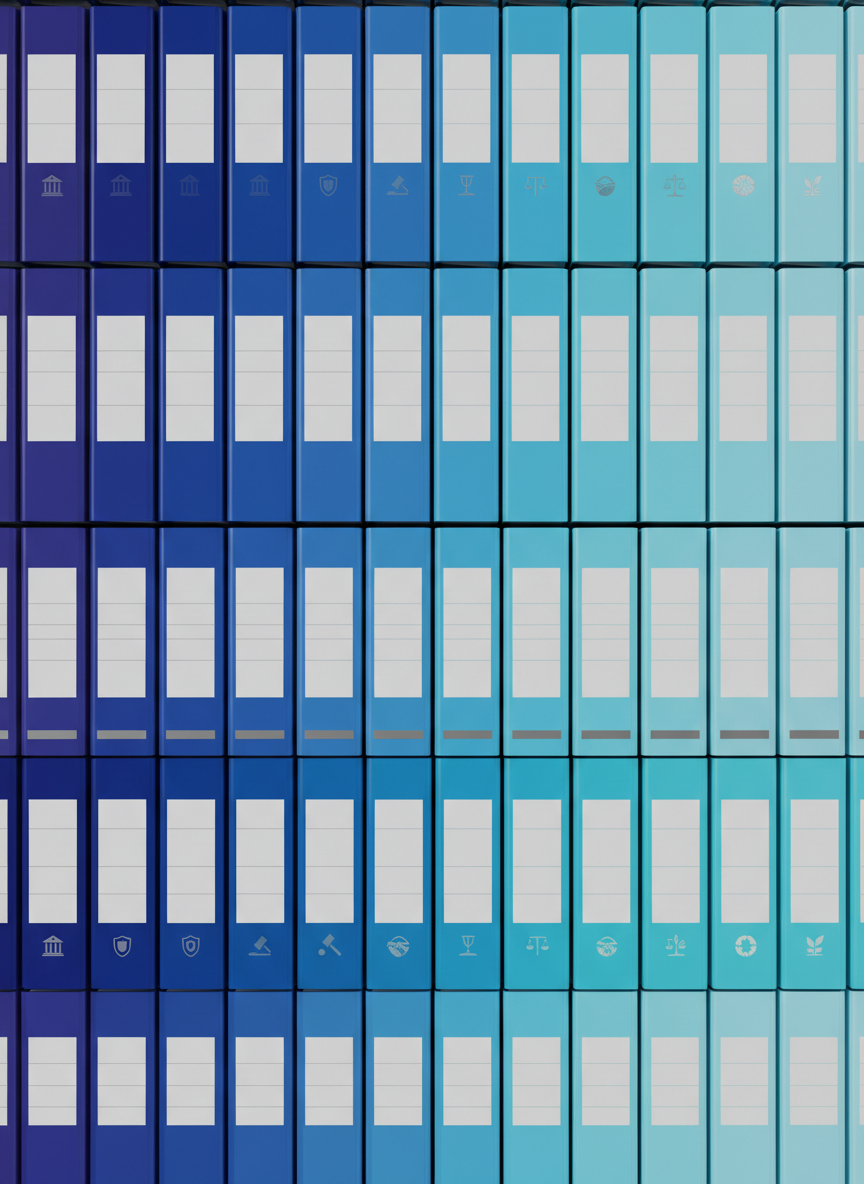 A meticulously organized wall of identical, matte white binders with colored spine labels forming a subtle gradient from deep blue to light turquoise, symbolizing different areas of Ukrainian law. Each binder has a small minimalist icon, like a building, shield, or handshake, but no readable text. Soft, indirect studio lighting from above and the side creates gentle shadows between the binders, emphasizing depth and order. Photographic realism with a straight-on, eye-level composition and sharp focus across the frame, conveying structure, transparency, and easy navigation, much like a comprehensive online catalog of lawyers and legal services in Ukraine.