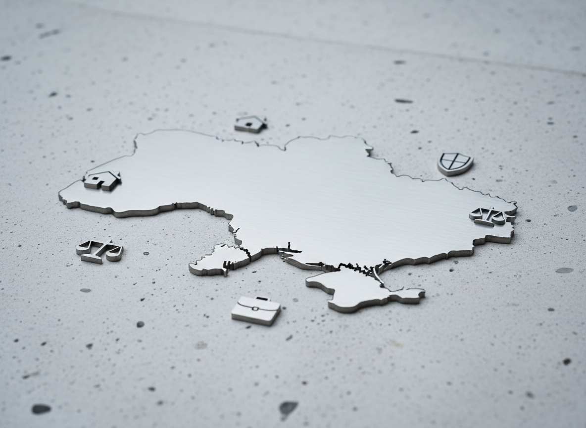 A wide, photographic realism shot of a Ukraine-shaped metal outline lying flat on a light grey stone surface, its borders precisely cut from brushed stainless steel with a soft satin texture. Around the outline, small, minimalist metal icons represent different legal fields: a tiny house for real estate, a shield for defense, a briefcase for business, all arranged in a balanced composition. Cool, diffused overcast lighting from above creates soft shadows and gentle highlights on the metal, emphasizing detail without glare. Captured from a slightly elevated angle with sharp focus throughout, the mood is modern, neutral, and professional, symbolizing a nationwide catalog of legal specialties.