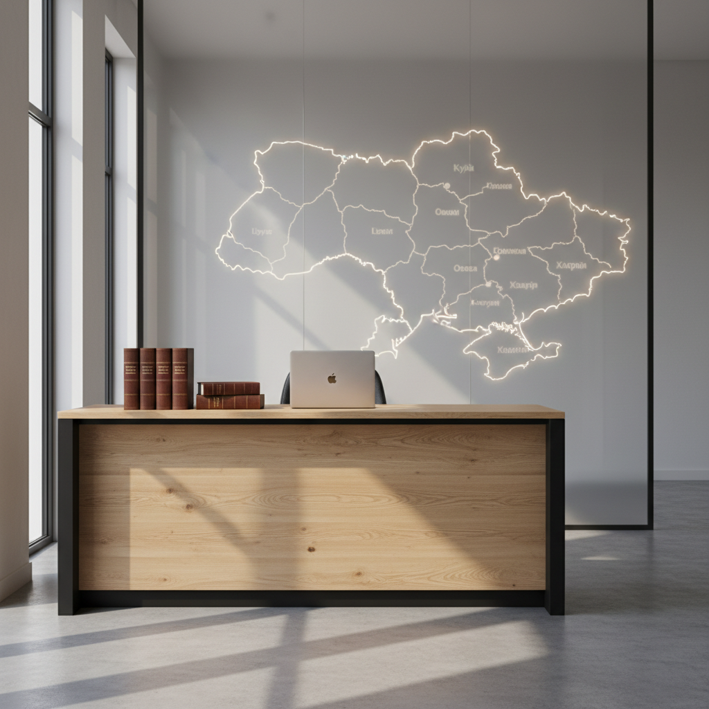 A sleek, modern law office reception desk made of light oak and matte black metal, with neatly stacked legal code books and a closed silver laptop on the surface. Behind the desk, a large frosted glass wall displays a subtle, abstract map outline of Ukraine with major cities softly highlighted. Soft daylight from tall windows to the side creates gentle reflections on the glass and faint shadows on the polished concrete floor. Photographic realism at eye-level, with a clean, minimalist, trustworthy atmosphere, sharp focus on the desk and slightly blurred background, symbolizing a professional online catalog of Ukrainian lawyers without showing any people.