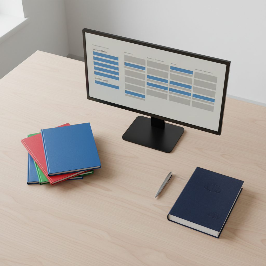An overhead view of a large, minimalist workstation with a slim black monitor displaying a clean legal search interface, featuring filters labeled by Ukrainian cities and legal specializations, all rendered as neutral grey and blue blocks without readable text. Around the monitor lie tidy stacks of color-coded folders, a stainless-steel pen, and a closed dark-blue legal codebook embossed with a subtle scales-of-justice icon. Diffused daylight from an unseen window creates soft, even lighting and almost no harsh shadows. Photographic realism with a calm, organized, efficient mood, sharp focus across the entire desk, evoking the clarity and structure of an online legal catalog for Ukraine.